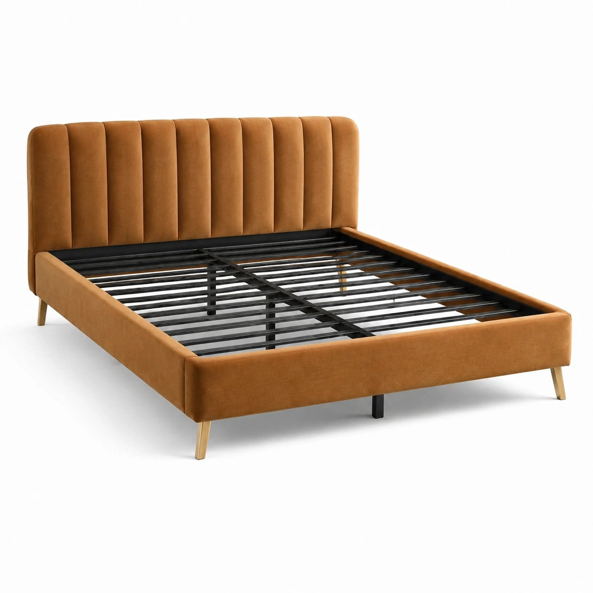 Gepolstertes Doppelbett 160 × 200 cm in Braun mit Metalllattenrost und goldfarbenen Füßen