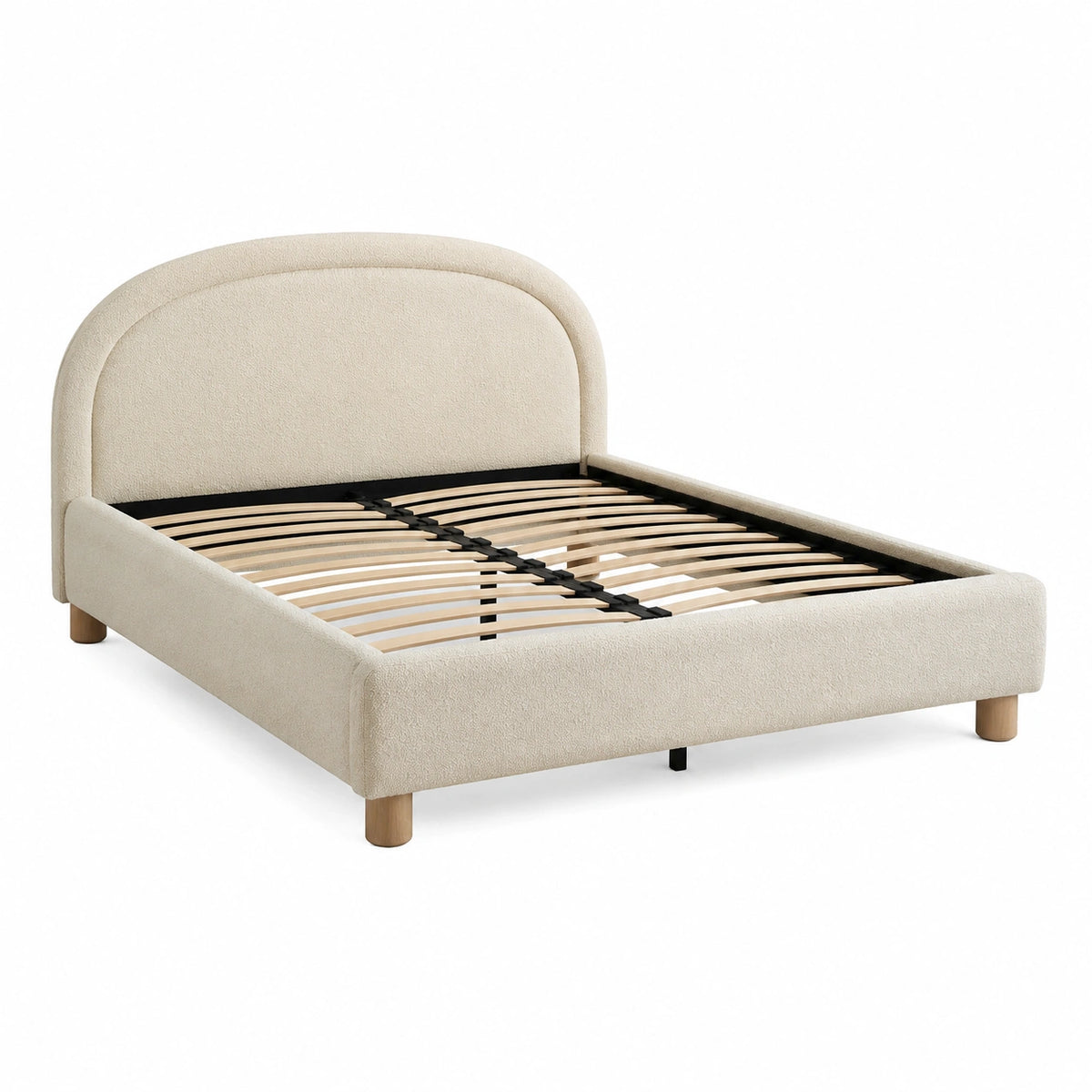 Modernes Polsterbett in Creme und Naturholz mit Lattenrost, 172 × 217 × 110 cm, für Matratze 160 × 200 cm