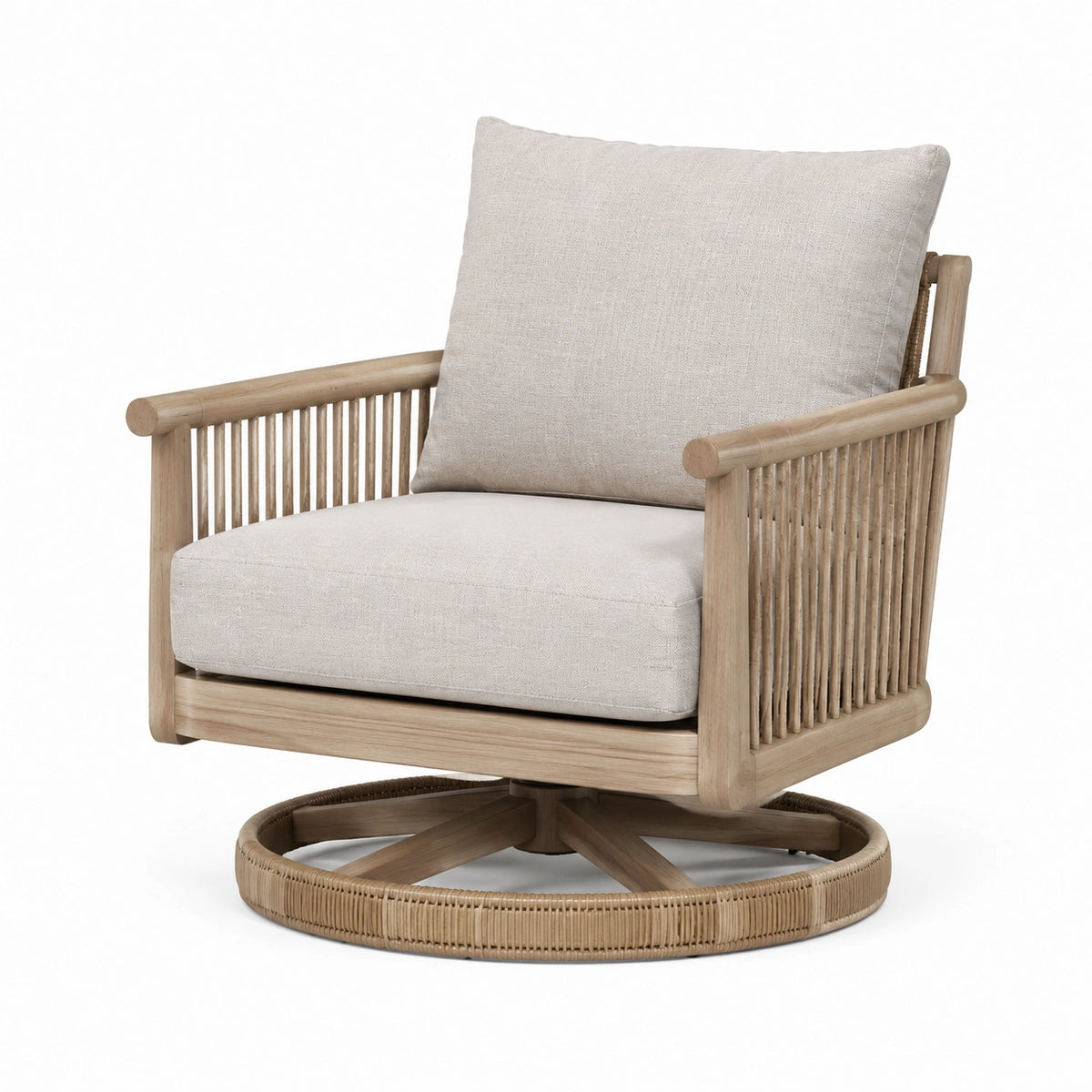 Drehbarer Sessel im Boho-Stil aus Holz, Geflecht und Stoff, 85 × 82 × 88 cm, Natur/Beige