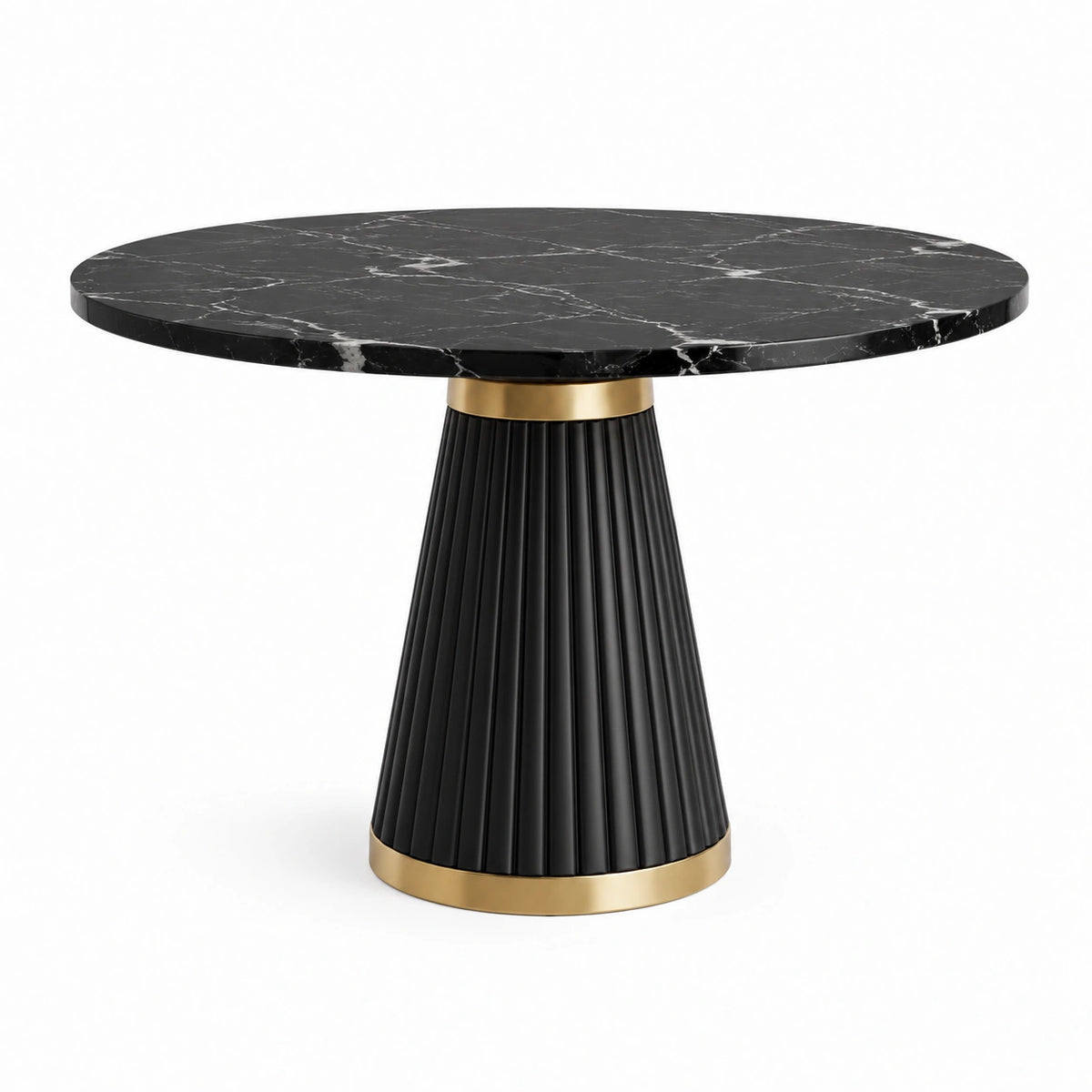 Runder Esstisch Ø 120 x H 75 cm in Schwarz/Gold mit Marmoroptik und geriffeltem Metallfuß