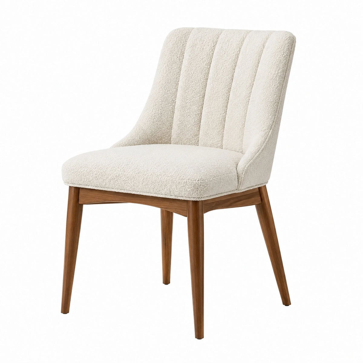 Gepolsterter Esszimmerstuhl mit Armlehnen, Bouclébezug in Creme, Holzgestell in Braun, 55 × 62 × 86 cm