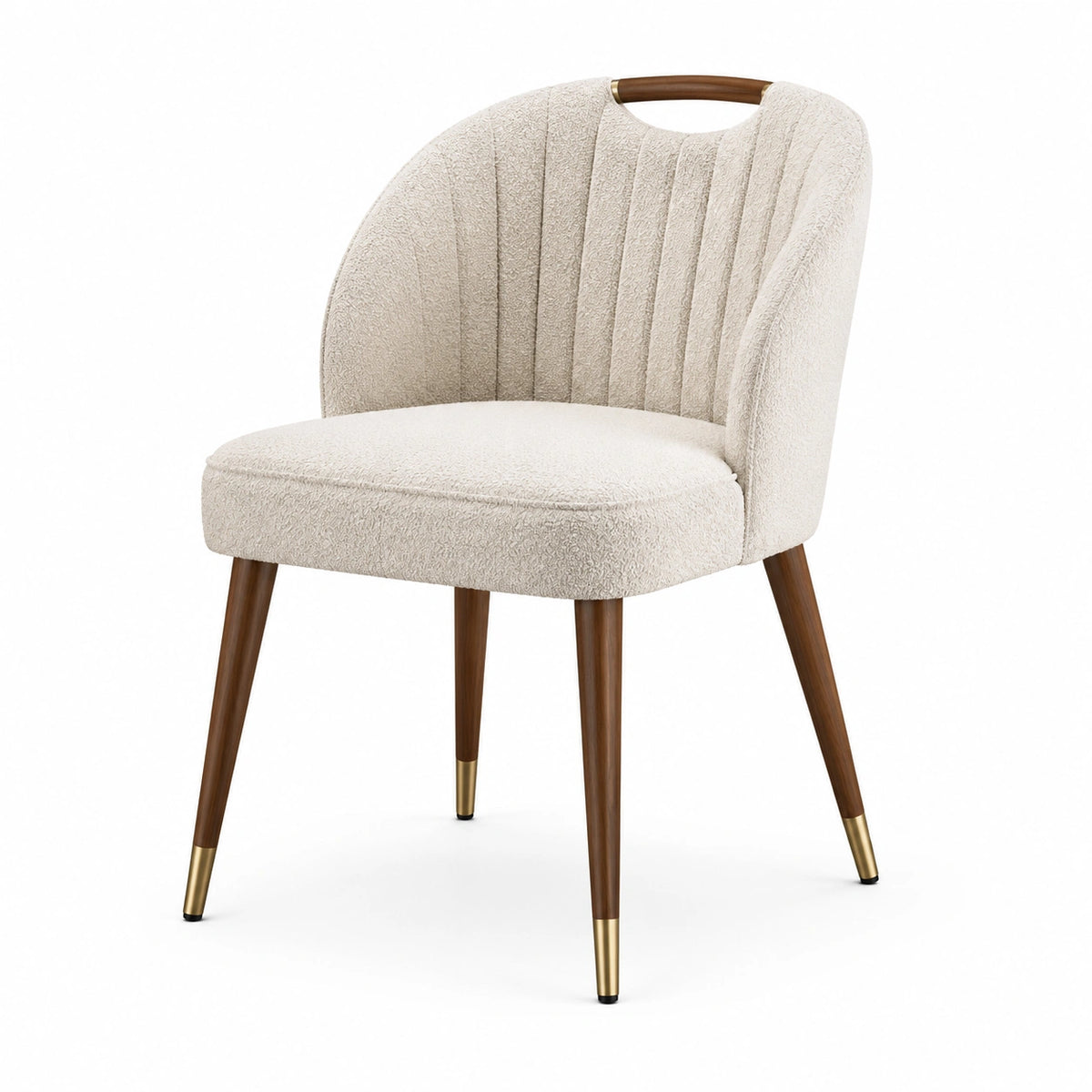 Moderner Bouclé-Sessel 62 x 64 x 82 cm in Creme mit braunen Holzbeinen und goldfarbenen Akzenten