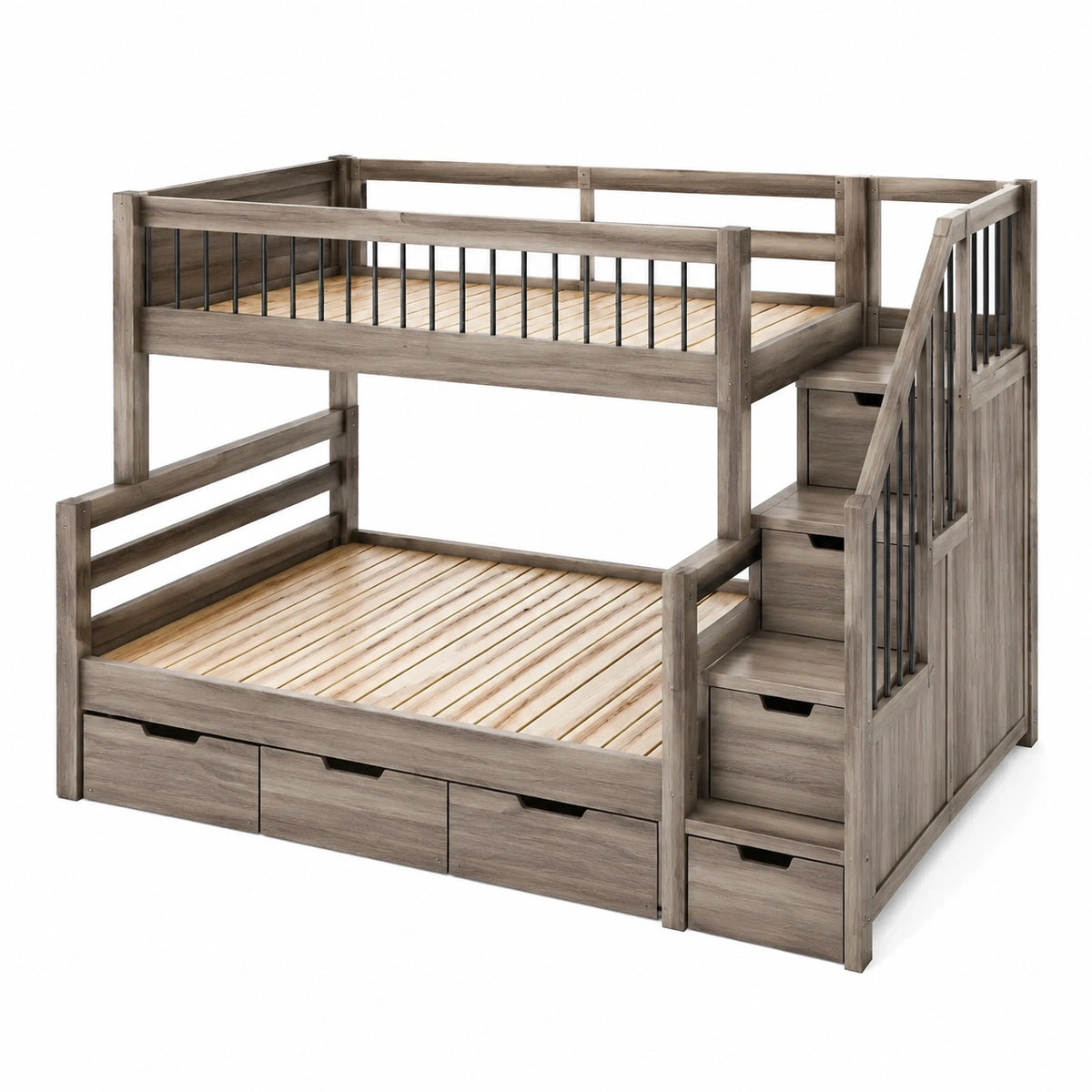 Etagenbett 205 × 150 × 170 cm in Grau/Schwarz mit Treppe, 6 Schubladen und Metallstreben