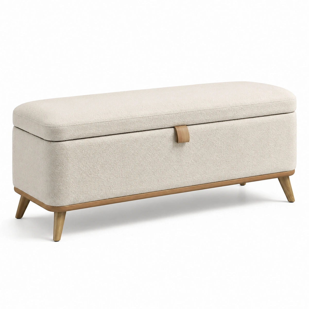 Sitzbank mit Stauraum, Bouclé-Bezug in Creme, Holzfüße in Natur, 100 × 40 × 45 cm