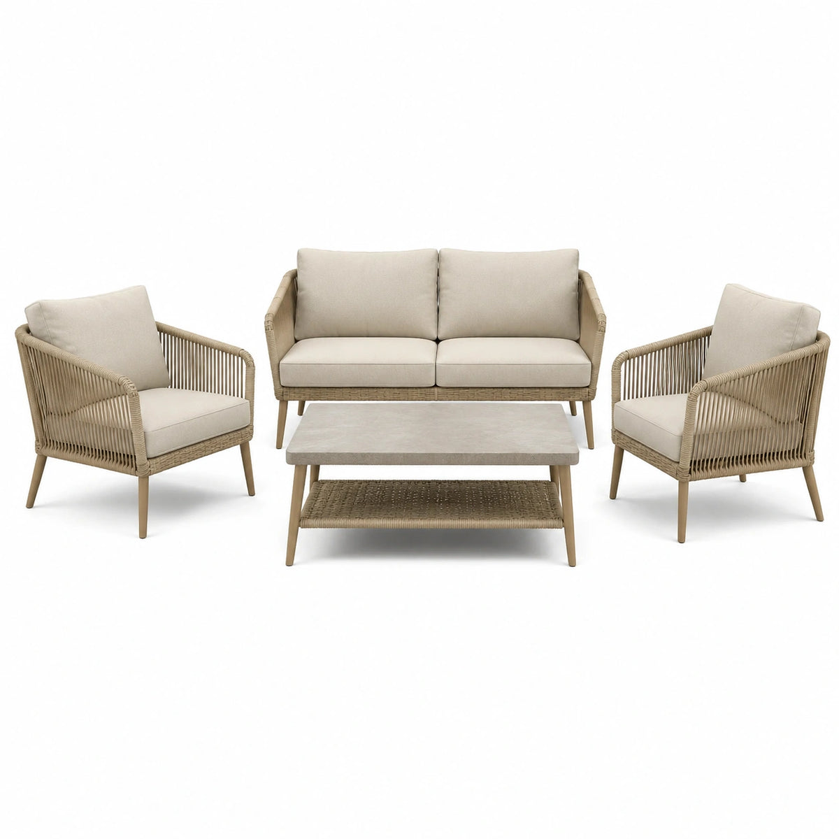 4-teiliges Gartenmöbel-Set Beige/Hellbraun mit Zweisitzer, 2 Sesseln und Couchtisch, Zweisitzer 128 x 70 x 78 cm, Tisch 100 x 60 x 45 cm