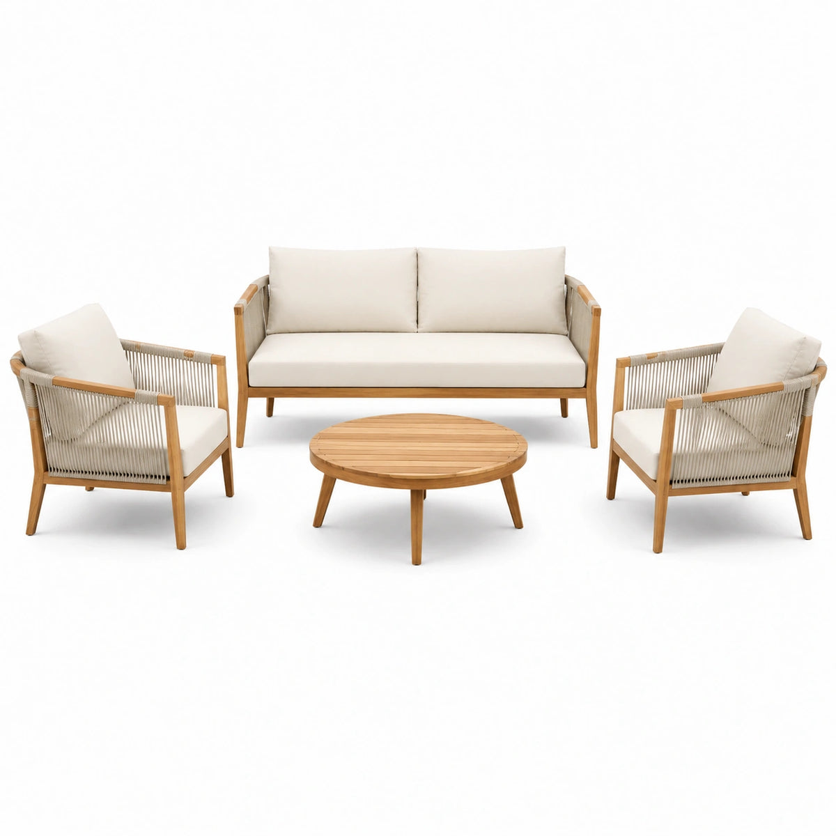4-teiliges Gartenlounge-Set aus Holz und Seilgeflecht, Natur/Beige, Sofa 140 × 70 × 75 cm, Sessel 68 × 70 × 75 cm, Tisch Ø 80 × 42 cm