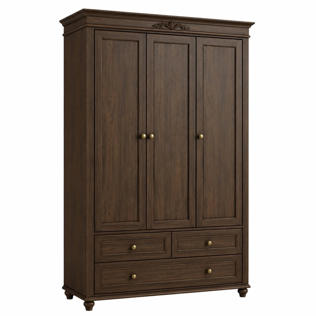Klassischer Kleiderschrank 140 × 55 × 200 cm, Dunkelbraun/Messing, 3 Türen und 3 Schubladen