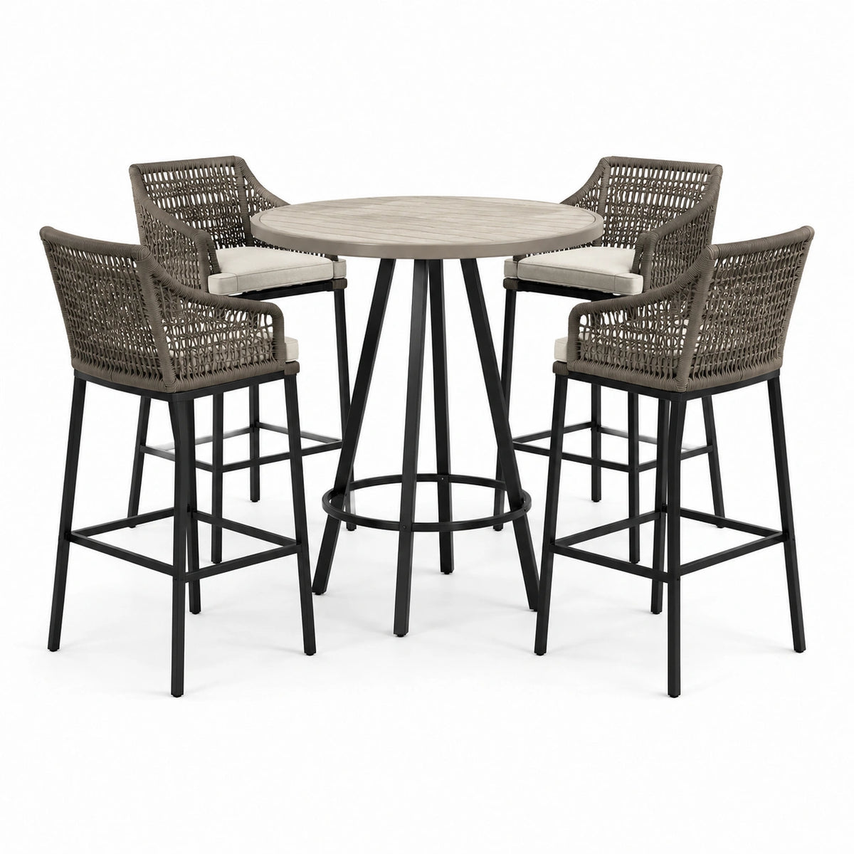 5-teiliges Gartenbarset mit rundem Bartisch Ø 100 × 105 cm und 4 Barstühlen 58 × 60 × 112 cm, Taupe/Schwarz/Beige