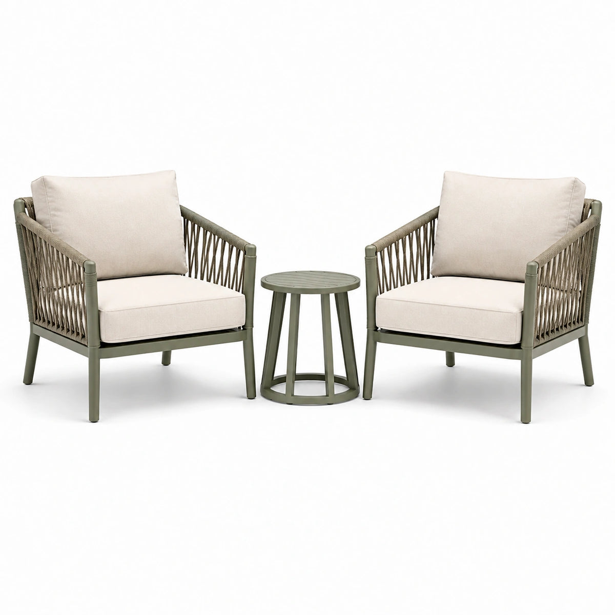 3-teiliges Gartenmöbel-Set mit 2 Sesseln 66 × 70 × 78 cm und rundem Beistelltisch Ø 45 × 48 cm, Metall und Seilgeflecht, Grün/Beige