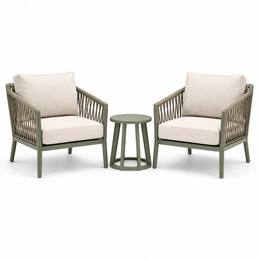 3-teiliges Gartenmöbel-Set mit 2 Sesseln 66 × 70 × 78 cm und rundem Beistelltisch Ø 45 × 48 cm, Metall und Seilgeflecht, Grün/Beige