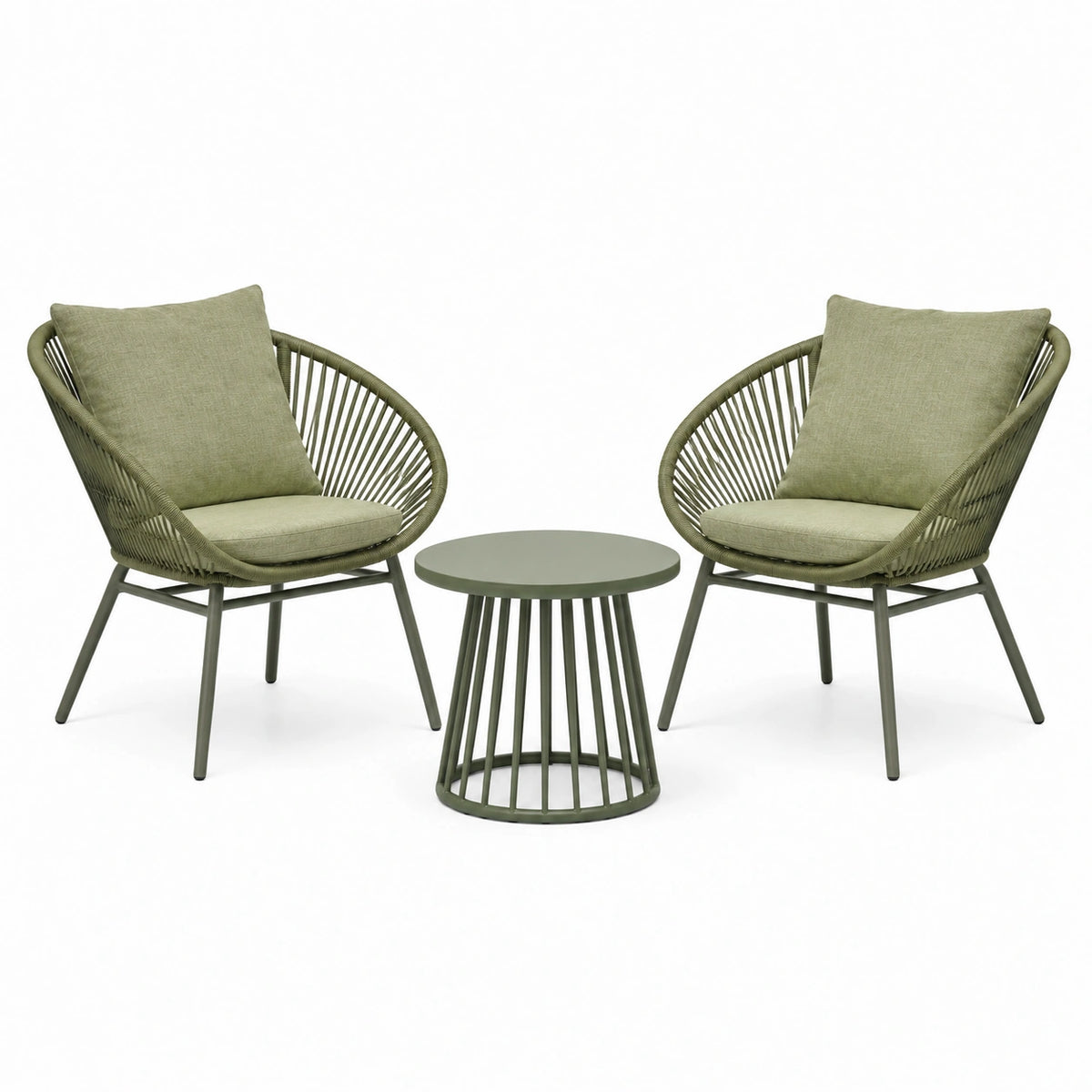 3-teiliges Gartenmöbel-Set in Olivgrün mit 2 Sesseln 75 × 70 × 80 cm und rundem Beistelltisch Ø 50 × 45 cm
