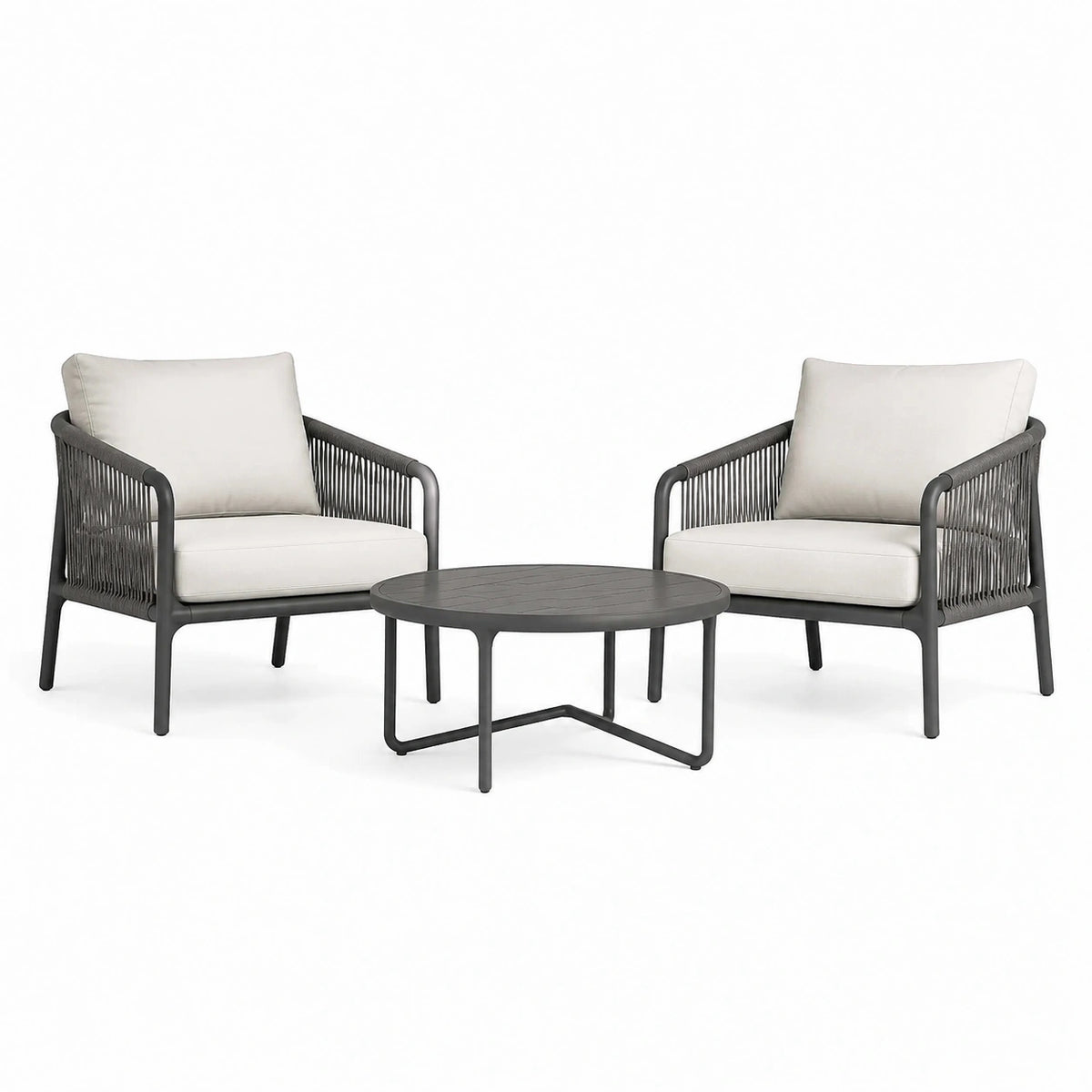 Garten-Sitzgruppe mit 2 Sesseln und rundem Tisch, Dunkelgrau/Creme, Sessel 72 × 74 × 76 cm, Tisch Ø 80 × 42 cm