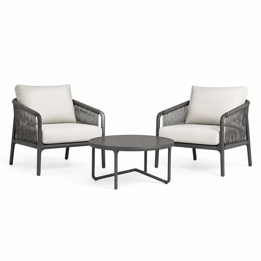 Garten-Sitzgruppe mit 2 Sesseln und rundem Tisch, Dunkelgrau/Creme, Sessel 72 × 74 × 76 cm, Tisch Ø 80 × 42 cm