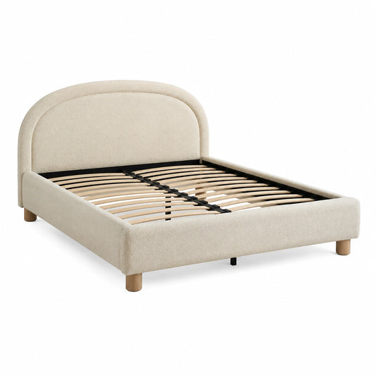 Modernes Polsterbett in Creme und Naturholz mit Lattenrost, 172 × 217 × 110 cm, für Matratze 160 × 200 cm