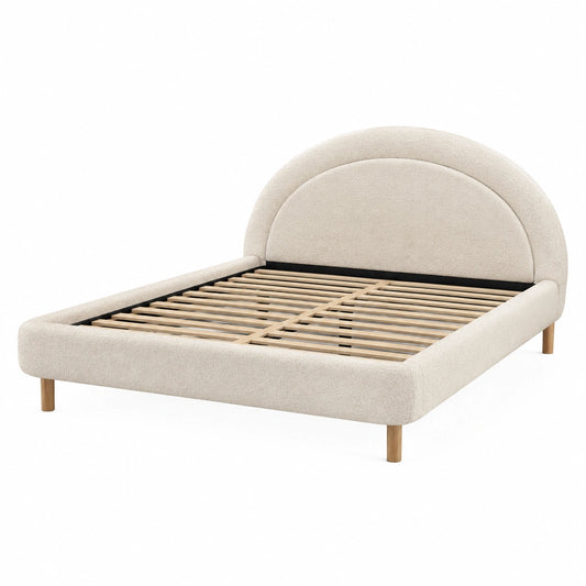 Gepolstertes Bouclé-Bett in Creme/Natur, 160 × 200 cm, mit Holzlattenrost und abgerundetem Kopfteil