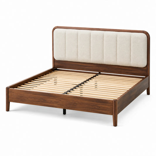 Bettgestell 160 × 200 cm in Braun/Creme mit gepolstertem Kopfteil und Lattenrost