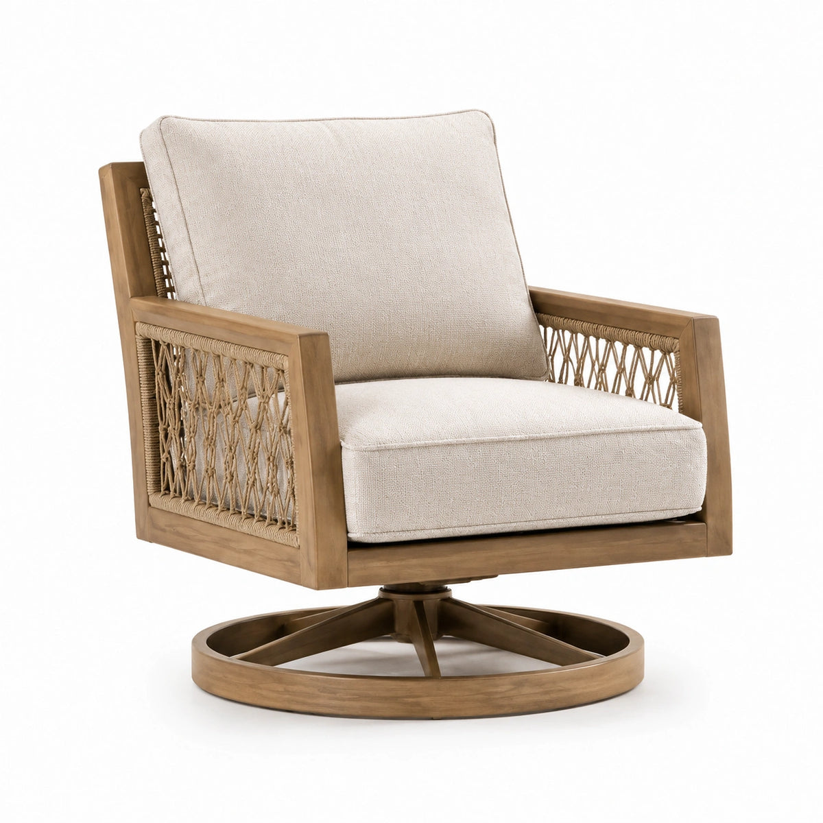 Drehsessel mit Holzrahmen, Seilgeflecht und Stoffpolsterung, 75 × 85 × 90 cm, Beige/Braun