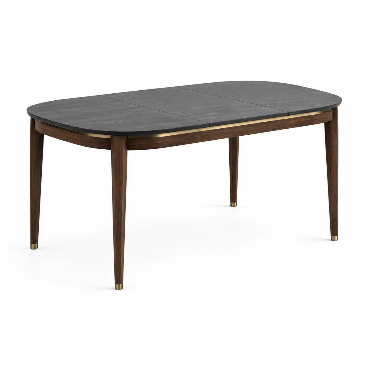 Ovaler Esstisch aus Keramik, Holz und Metall, 200 × 100 × 76 cm, Dunkelbraun/Grau/Messingfarben