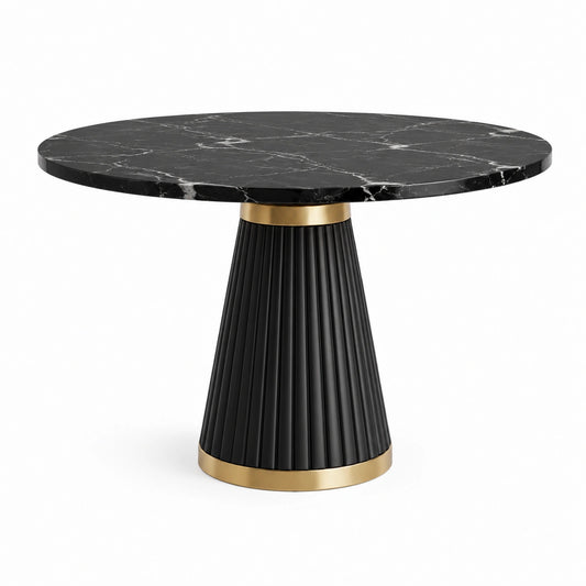 Runder Esstisch Ø 120 x H 75 cm in Schwarz/Gold mit Marmoroptik und geriffeltem Metallfuß