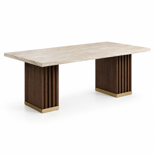 Moderner Esstisch 180 × 90 × 75 cm in Beige, Dunkelbraun und Gold mit Steinoptik