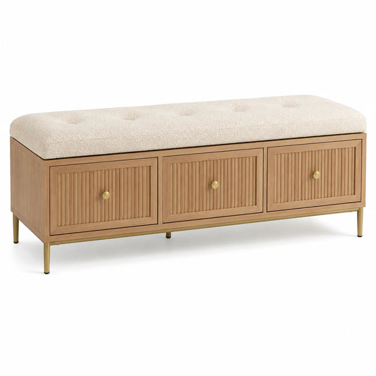 Gepolsterte Sitzbank mit 3 Türen und Stauraum, 120 × 40 × 50 cm, Beige/Naturholz/Gold