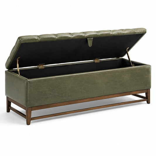 Aufbewahrungsbank 160 × 45 × 50 cm in Olivgrün mit Holzgestell, gepolsterter Sitzfläche und Stauraum