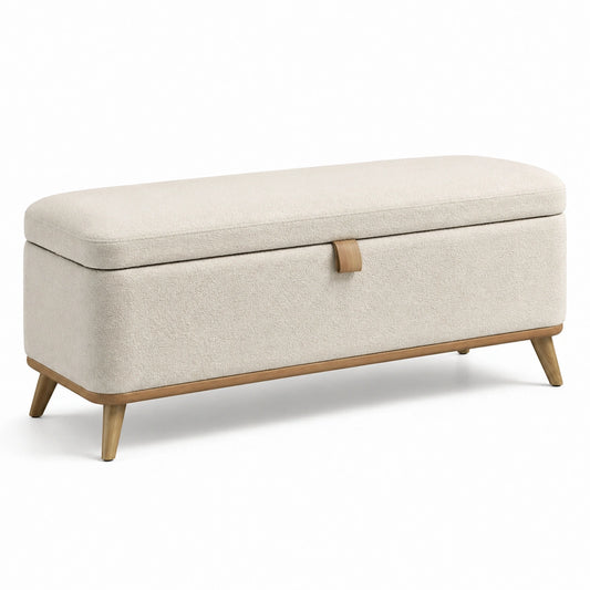 Sitzbank mit Stauraum, Bouclé-Bezug in Creme, Holzfüße in Natur, 100 × 40 × 45 cm