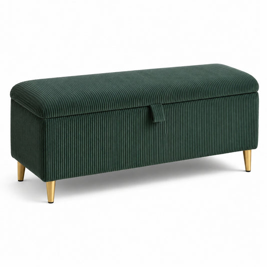 Gepolsterte Sitzbank mit Stauraum aus Cordstoff, Dunkelgrün/Gold, 100 × 40 × 45 cm