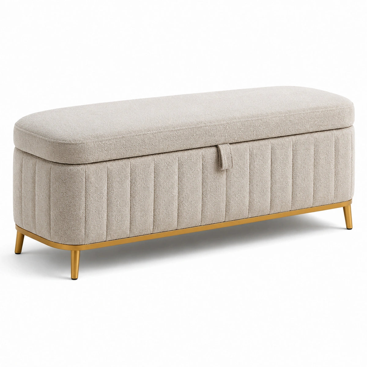Sitzbank mit Stauraum, Bouclé-Bezug in Beige und Gold, 100 × 40 × 45 cm