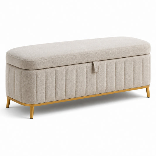 Sitzbank mit Stauraum, Bouclé-Bezug in Beige und Gold, 100 × 40 × 45 cm