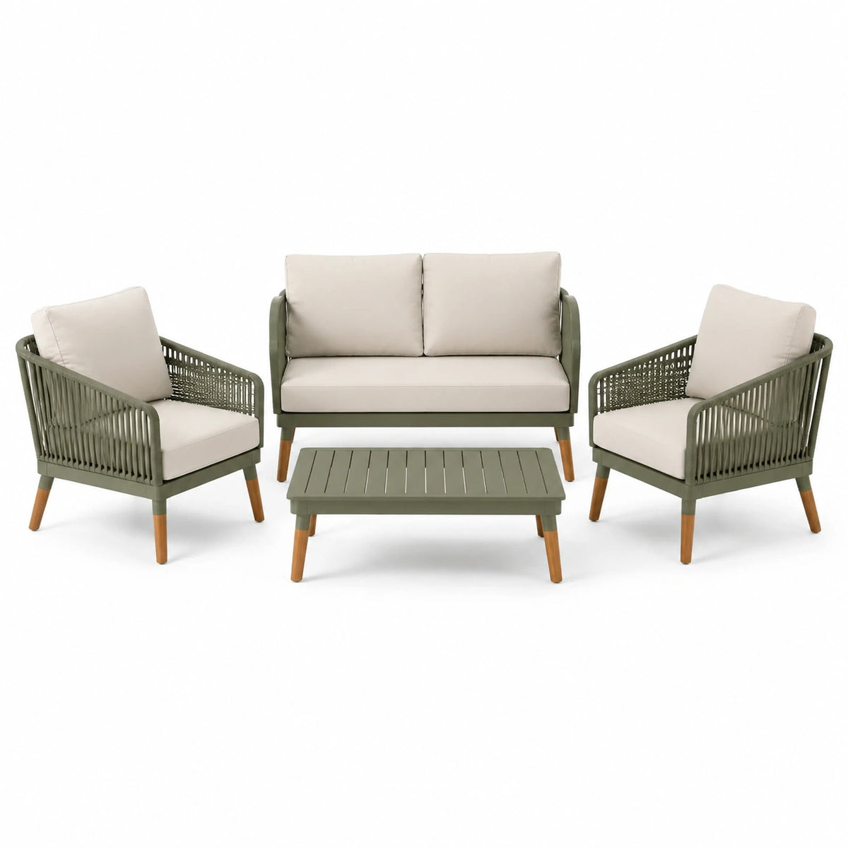 4-teiliges Gartenlounge-Set mit 2-Sitzer, 2 Sesseln und Couchtisch, Olivgrün/Beige/Braun, 125 × 70 × 78 cm