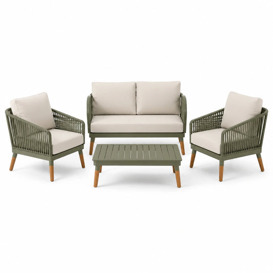 4-teiliges Gartenlounge-Set mit 2-Sitzer, 2 Sesseln und Couchtisch, Olivgrün/Beige/Braun, 125 × 70 × 78 cm