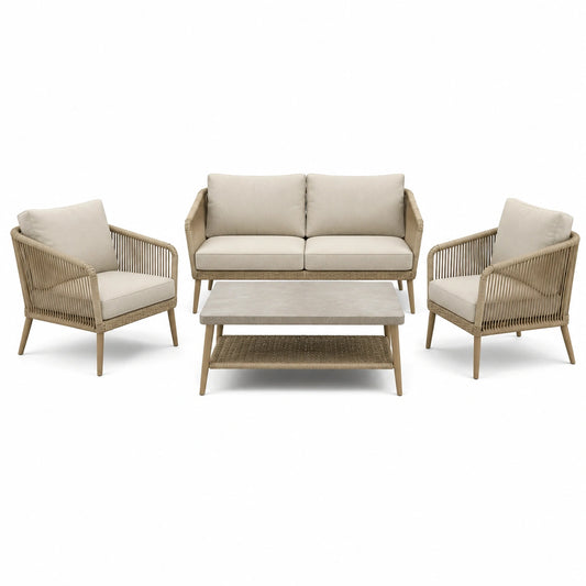4-teiliges Gartenmöbel-Set Beige/Hellbraun mit Zweisitzer, 2 Sesseln und Couchtisch, Zweisitzer 128 x 70 x 78 cm, Tisch 100 x 60 x 45 cm