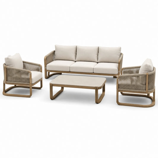 4-teiliges Gartenlounge-Set Beige/Naturbraun mit Seilgeflecht, Sofa 210 × 82 × 78 cm, Sessel 82 × 82 × 78 cm, Tisch 120 × 65 × 42 cm