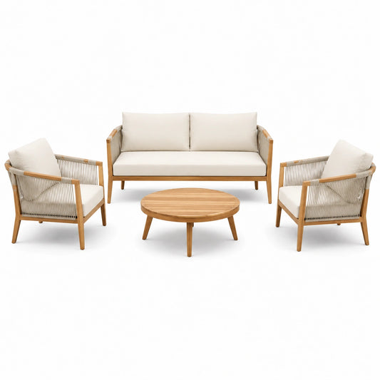 4-teiliges Gartenlounge-Set aus Holz und Seilgeflecht, Natur/Beige, Sofa 140 × 70 × 75 cm, Sessel 68 × 70 × 75 cm, Tisch Ø 80 × 42 cm