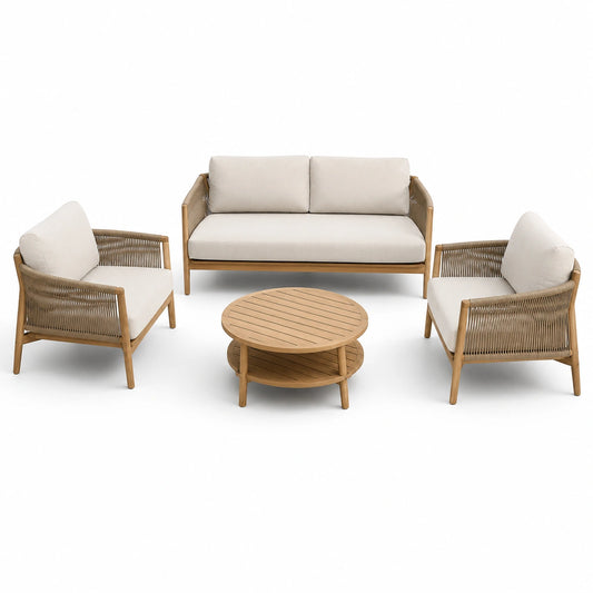 4-teiliges Loungeset aus Holz und Seilgeflecht in Natur/Beige, Zweisitzer 150 × 75 × 78 cm