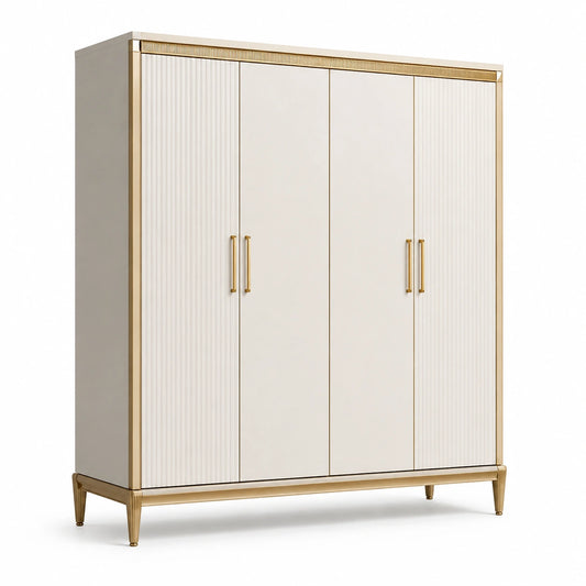4-türiger Kleiderschrank 200 × 60 × 200 cm in Creme und Gold mit geriffelten Fronten