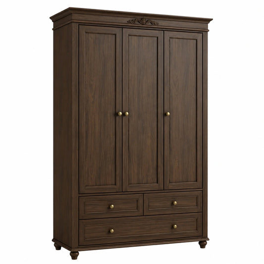 Klassischer Kleiderschrank 140 × 55 × 200 cm, Dunkelbraun/Messing, 3 Türen und 3 Schubladen