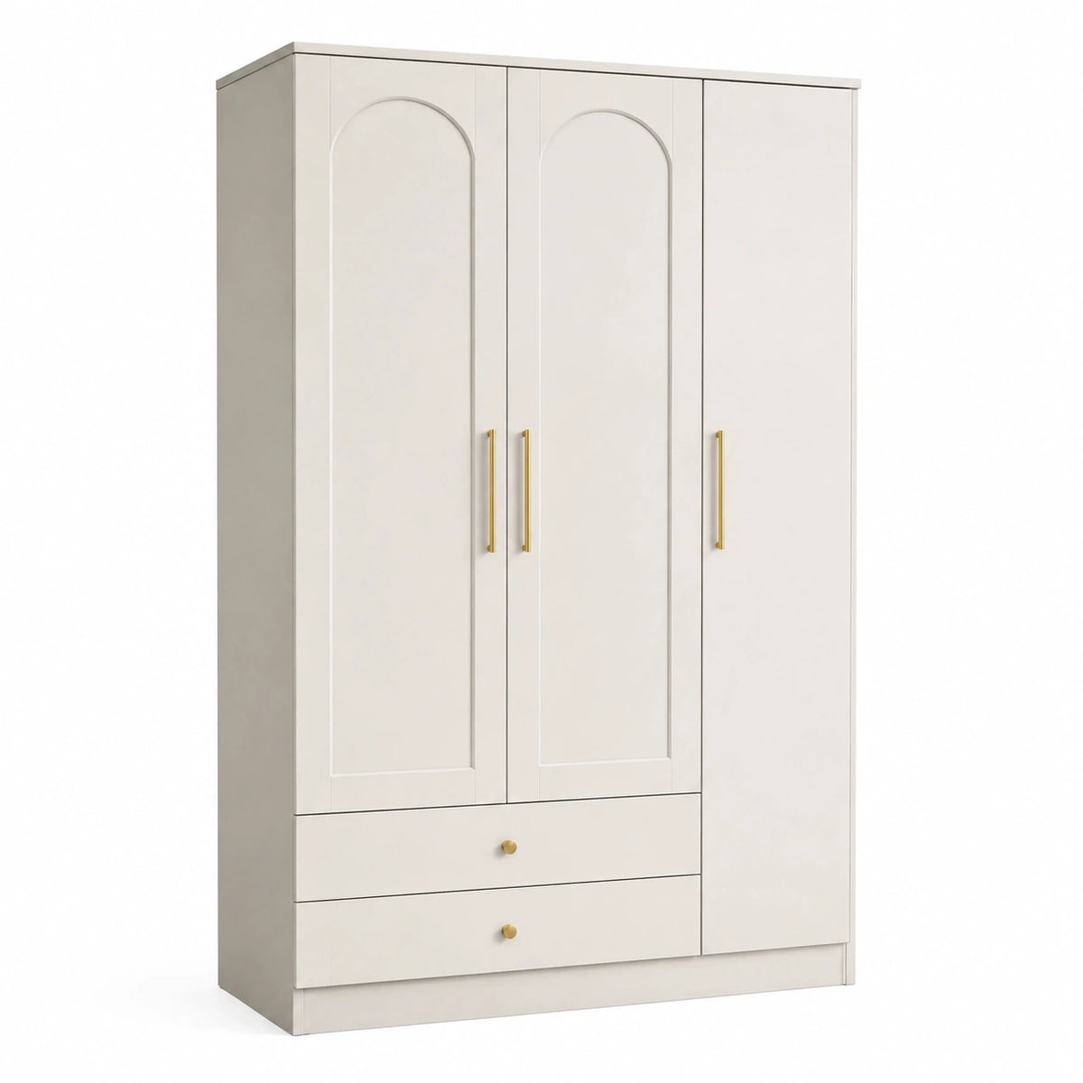 3-türiger Kleiderschrank 120 x 55 x 190 cm in Elfenbein mit goldfarbenen Griffen und 2 Schubladen