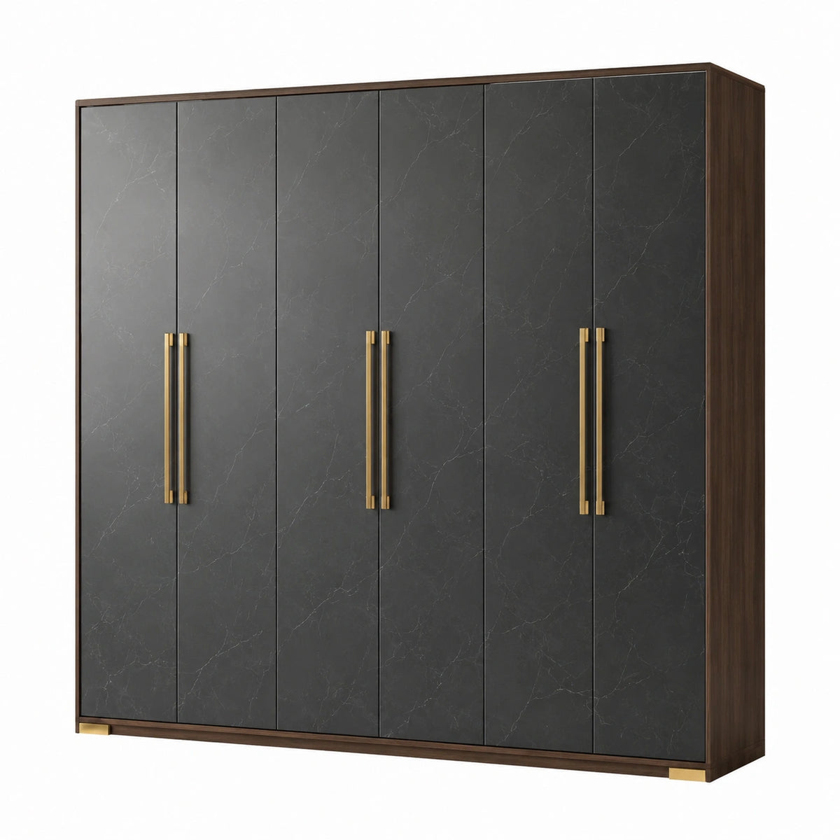 Moderner 6-türiger Kleiderschrank, 270 × 60 × 220 cm, Schwarz/Nussbraun/Gold