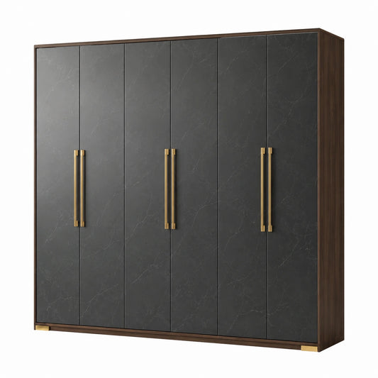 Moderner 6-türiger Kleiderschrank, 270 × 60 × 220 cm, Schwarz/Nussbraun/Gold