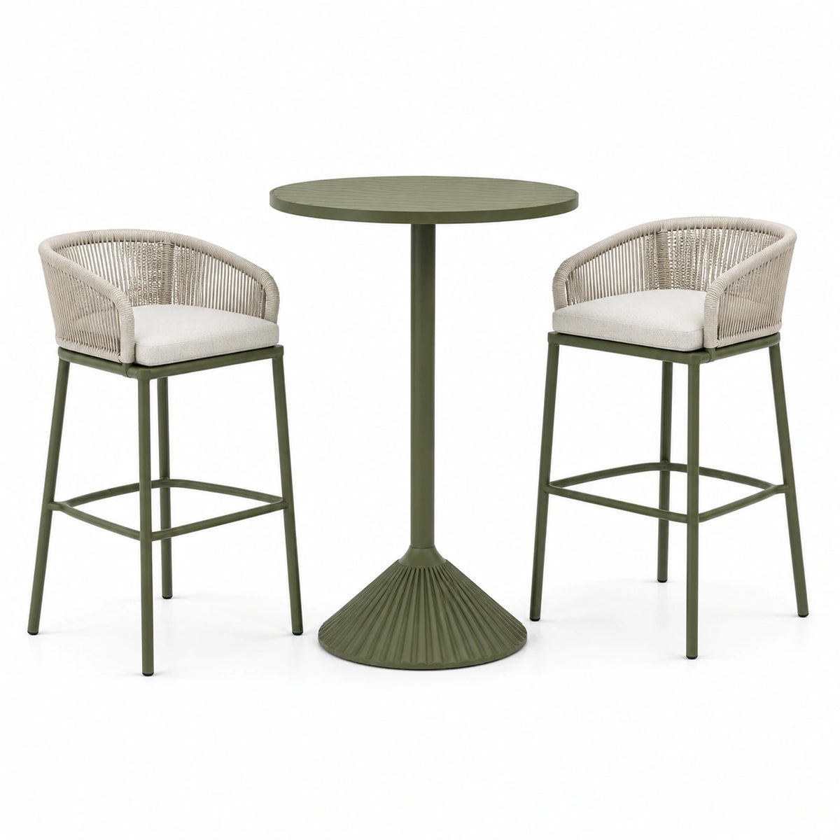 3-teiliges Outdoor-Barensemble in Olivgrün und Creme – Runde Tischfläche Ø 70 cm, Höhe 105 cm, 2 Sitzplätze je 57 × 55 × 108 cm