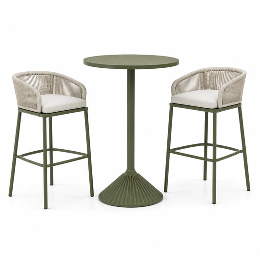 3-teiliges Outdoor-Barensemble in Olivgrün und Creme – Runde Tischfläche Ø 70 cm, Höhe 105 cm, 2 Sitzplätze je 57 × 55 × 108 cm
