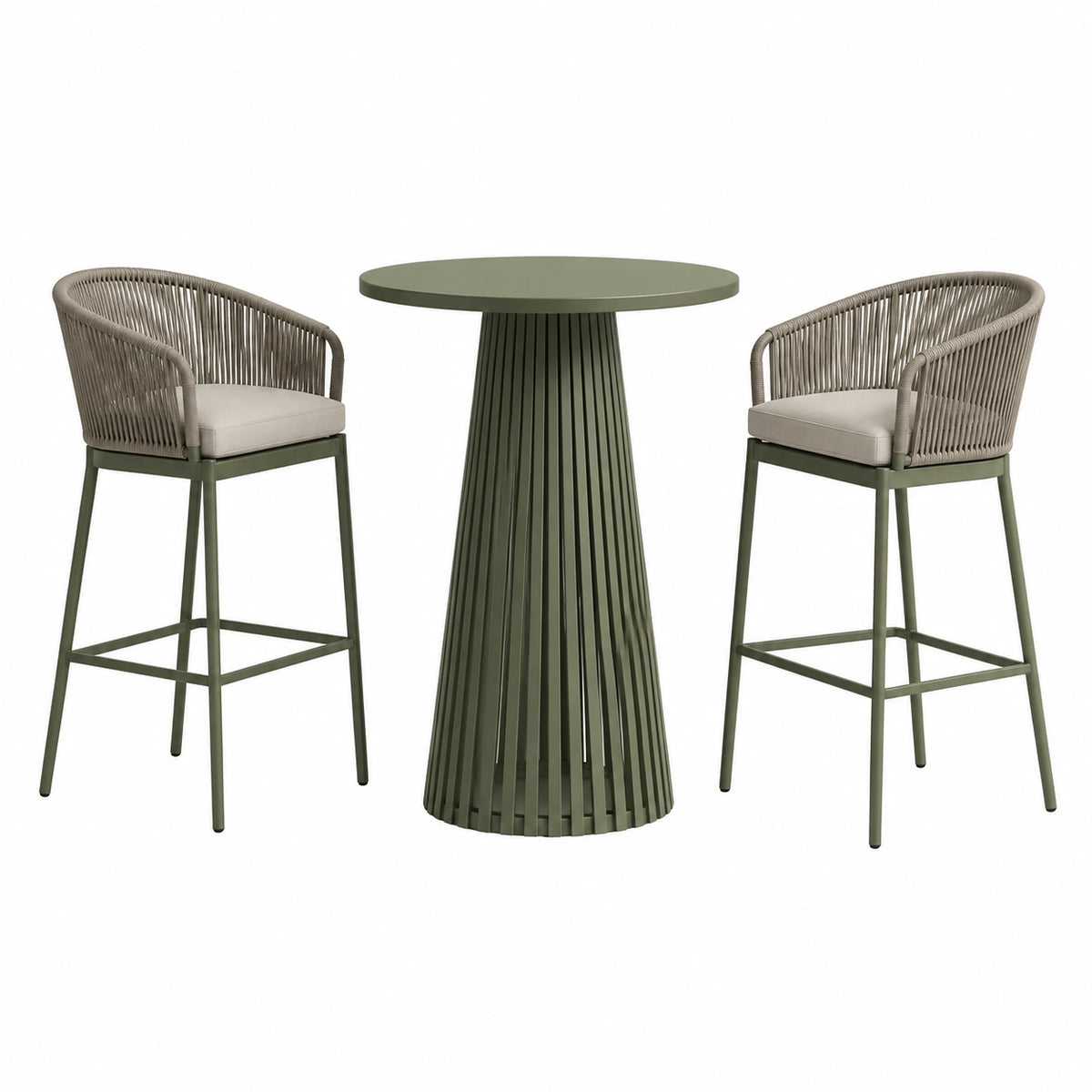 3-teiliges Bar-Set Olivgrün/Taupe/Beige mit rundem Tisch Ø 70 × 105 cm und 2 Stühlen 56 × 58 × 108 cm