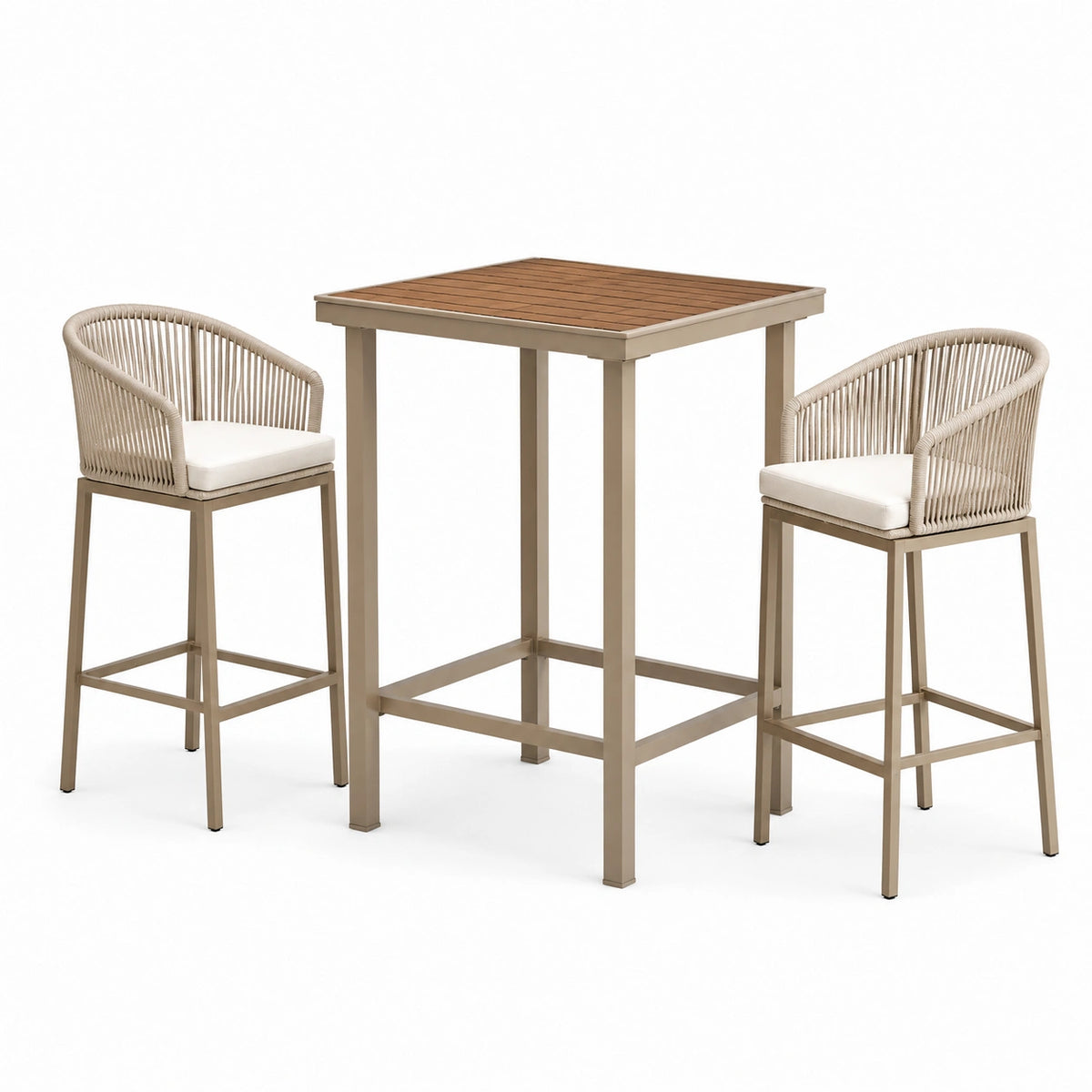 3-teiliges Bar-Set Beige/Braun/Weiß mit Tisch 120 × 60 × 105 cm und 2 Hockern 55 × 58 × 105 cm