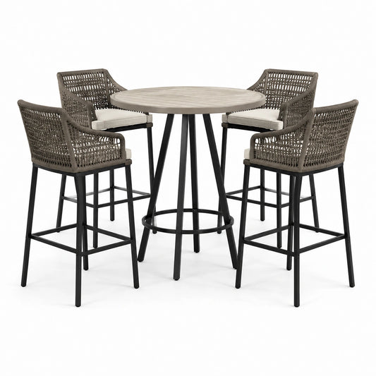 5-teiliges Gartenbarset mit rundem Bartisch Ø 100 × 105 cm und 4 Barstühlen 58 × 60 × 112 cm, Taupe/Schwarz/Beige